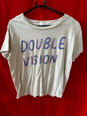 MOTHER Gray Tee with Blue and Pink 'Double Vision' Graphic